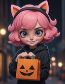 Pixel Art pixelated pixel pixel , extremely content happy smile , + / A fit pink haired woman at night in the city, holding a trick or treat bag, wearing a kitty ears halloween costume, (big eyes:1.3) by Dreamworks Studios