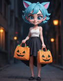 Pixel Art pixelated pixel pixel , extremely content happy smile , + / A fit blue haired woman at night in the city, holding a trick or treat bag, wearing a kitty ears halloween costume, (big eyes:1.3) by Dreamworks Studios