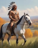 concept art A painting of a lovely fall scene, close up a field with the a Cherokee native indian warrior on a horse on the prairie in the distance on a grassy hill in 1855   of Slovenian  in spring , nature, beauty, oil on canvas, shadows, noon, medium shot centered pose shallow dof soft focus portrait of . digital artwork, illustrative, painterly, matte painting, highly detailed