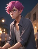 anime niji illustration , confused, looking around scared , + / A chunky magenta haired man on vacation enjoying the local party scene in CAIRO at twightlight