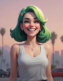 Pixel Art pixelated pixel pixel  , extremely content happy smile , + / A fit green haired woman on vacation enjoying the local party scene in Los Angeles at dawn