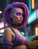 futuristic Neon cyberpunk synthwave cybernetic , a look of severe determination , + / A fat purple haired woman on vacation enjoying the local party scene in NAIROBI at midnight