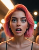 digital cinematic color grading natural lighting cool shadows warm highlights soft focus actor directed cinematography dolbyvision , a look of shock , + / A fit neon haired woman on vacation enjoying the local party scene in BRASILIA at night