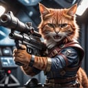 cinematic photo a detailed  award winning photo, cute red haired cat space pirate on his spaceship ,realistic fur, fangs , angry, holding a big futuristic gun, epic pose, high quality photography, 3 point lighting, flash with softbox, 4k, Canon EOS R3, hdr, smooth, sharp focus, high resolution, award winning photo, 80mm, f2.8, bokeh . 35mm photograph, film, bokeh, professional, 4k, highly detailed