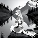 line art drawing a old norse tribal artwork of an Beautiful woman sitting near a lake, norse knotwork . professional, sleek, modern, minimalist, graphic, line art, vector graphics