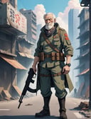 anime artwork a sad old man is standing on a street in a post apocalyptic city he is wearing a soldier outfit and holding a gun, high quality . anime style, key visual, vibrant, studio anime,  highly detailed