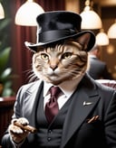 cinematic film still ((BBC Style)) picture  of an cat mobster in (wildlife) , smoking his cigar . shallow depth of field, vignette, highly detailed, high budget, bokeh, cinemascope, moody, epic, gorgeous, film grain, grainy