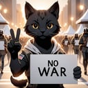 line art drawing cinematic film still a activist cat rally, protesting against war, making a  peace sign, holding a sign  text:("No War") ,paws , shallow depth of field, vignette, highly detailed, high budget, bokeh, cinemascope, moody, epic, gorgeous, film grain, grainy, high quality photography, 3 point lighting, flash with softbox, 4k, Canon EOS R3, hdr, smooth, sharp focus, high resolution, award winning photo, 80mm, f2.8, bokeh . professional, sleek, modern, minimalist, graphic, line art, vector graphics