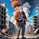 of an old man holding a ak47 in a destroyed city after a nuclear blast, oil painting from studio ghibli film, by noriyuki morimoto, digital artist, bright and bold colors, expansive sky, sense of adventure, epic scope studio ghibli