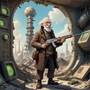 of an old man holding a ak47 in a destroyed city after a nuclear blast, steampunk happy Funny cartoonish at a complex nuclear control room, by Gediminas Pranckevicius H 704, machinarium style, intricate