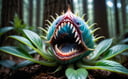 (macro photo), a flesh eating plant with a ethereal complex colors with sharp teeth, a mesmerizing bioluminescent forest, high quality photography, 3 point lighting, flash with softbox, 4k, Canon EOS R3, hdr, smooth, sharp focus, high resolution, award winning photo, 80mm, f2.8, bokeh