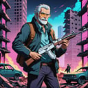 anime artwork Picture in ((neon noir style )) of an old man holding a ak47 in a destroyed city after a nuclear blast . anime style, key visual, vibrant, studio anime,  highly detailed