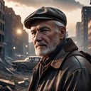 cinematic film still cinematic photo sad old man in a post apocalyptic destroyed city after nuclear blast, newdawn, closeup, high quality photography, 3 point lighting, flash with softbox, 4k, Canon EOS R3, hdr, smooth, sharp focus, high resolution, award winning photo, 80mm, f2.8, bokeh , detailed, realistic, 8k uhd, high quality, high quality photography, 3 point lighting, flash with softbox, 4k, Canon EOS R3, hdr, smooth, sharp focus, high resolution, award winning photo, 80mm, f2.8, bokeh . 35mm photograph, film, bokeh, professional, 4k, highly detailed, high quality photography, 3 point lighting, flash with softbox, 4k, Canon EOS R3, hdr, smooth, sharp focus, high resolution, award winning photo, 80mm, f2.8, bokeh . shallow depth of field, vignette, highly detailed, high budget, bokeh, cinemascope, moody, epic, gorgeous, film grain, grainy