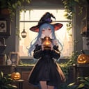 a girl in a Halloween costume, standing in front of a haunting house adorned with eerie decorations. The girl's costume is inspired by the mystical and macabre, with dark colors, flowing fabric, wearing witcher hat, and intricate details. She holds a carved pumpkin, its flickering candle casting an eerie glow on her face. The haunting house behind her is dilapidated, with broken windows and overgrown vines, creating a spooky atmosphere. Shot with a Sony A7 III, Fujifilm Velvia 50 film, 35mm lens, capturing the haunting beauty of the scene with rich colors and sharp details.