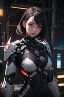 (masterpiece, best quality:1.5), (photorealistic:1.3), official art, absurdres, unity 32k wallpaper, ultra-detailed, intricate details, HDR, soft lighting, vibrant, depth of field, 1girl, cyborg, cyberpunk, science fiction, mechanical parts, dynamic angles