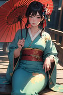 (masterpiece, best quality:1.5), (photorealistic:1.3), official art, absurdres, unity 32k wallpaper, ultra-detailed, intricate details, HDR, soft lighting, vibrant, depth of field, 1girl, geisha, holding umbrella, dynamic angles