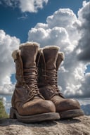 hyper detailed photograph of an old ancient pair of boots underneath fluffy clouds in sky, daytime,|photographic, realism pushed to extreme, fine texture, incredibly lifelike, cinematic, large format camera, photo realism, DSLR, 8k uhd, hdr, ultra-detailed, high quality, high contrast