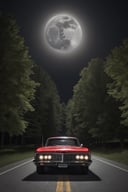 hyper detailed photograph of an old retro 60's car driving underneath a huge detailed full circular moon, stars in sky, nighttime,|photographic, realism pushed to extreme, fine texture, incredibly lifelike, cinematic, large format camera, photo realism, DSLR, 8k uhd, hdr, ultra-detailed, high quality, high contrast