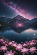 a lake with a mountain in the background and a night sky filled with stars above it and a few pink flowers in the foreground, | space art, Arthur Pan, night sky, subdued lighting, a microscopic photo