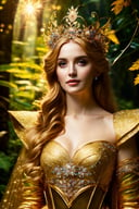 High quality, masterpiece, 8K, portrait, elven queen in a lush forest, shimmering golden gown, jeweled tiara, enigmatic smile, surrounded by ethereal glowing fauna, (magic-infused:1.4), vivid colors, intricate foliage patterns, chiaroscuro lighting, (Pre-Raphaelite art style:1.2)