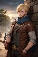 best quality, amazing intricate, (1man, muscular adult  male:1.2),  silver eyes, auburn hair, fade with beard,, orange, grey-blue, portrait, looking at viewer, solo, half shot, detailed background, detailed face, (<lora:CeltPunkAI:0.5>, CeltPunkAI, tribal barbarian celtic theme:1.1), face covered by scarf, renegade,  thieves guild, hand in pocket,  rugged dark leather clothes, belts, lockpick,   knives, high fantasy medieval setting, dark port pier background, stealth, undercover, illegal, suspicious, secret,  stolen goods,  (barrels in background:0.8), secret passage, low light, shadows, fog, dark atmosphere,, natural blonde, updo hairstyle, european, madmax