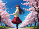 best quality, amazing intricate, 1girl, solo, (round eyes:1.2), dark brown eyes, small breast,(closed mouth and smile:1.2), Cherry blossom trees, (perspective:1.3),dark brown hair, long hair, (looking back:1.3), full body,from side, from below, long shot, standing, arms behind back, black pantyhose,beige cardigan, long sleeves, dark red skirt, (very long skirt:1.1), plaid skirt, spring \(season\), cherry, cherry blossoms, clear sky