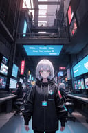 best quality, amazing intricate, 1 girl, adult welsh woman, freckles, amber eyes, gray sleek hair,, green, blue,  looking at viewer, solo, (full body:0.6), detailed background, detailed face, (1980s synthwave theme:1.1) evil high-tech futuristic hacker,  advanced technology, hoodie, techwear, wearable device, keycard,   blue (holographic display:1.05), unauthorized, encoded text, computer, artificial intelligence, screens in background,  stealth, dark sinister atmosphere, , silver, textured hair, ukrainian, tribal aztec