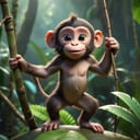 A playful young monkey standing up in the Amazon rainforest, in the style of Disney,  in the style of Moana, cute,proper hands, proper fingers ,make_3d