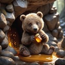 A cave , à cute brown baby bear inside eating honey with his paw. Very beautiful details,make_3d