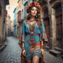 Master professional photography, beautiful woman in bohemian dress and accessories, extreme textures and details, full body portrait shot, bohemian city landmarks background, 64K ,make_3d