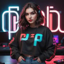 Gamer girl with wavy brown hair and brown eyes, streaming setup with neon cyberpunk and lofi colors, heavy brush strokes. Wearing an oversized T-shirt with futuristic typography letter "P" logo and a black jacket with red details and the letter "P" spread out.  ,make_3d