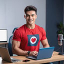 A young man, lean muscular physique, wearing red t-shirt and blue jeans, sitting in a studio room, looking in the camera, computer desk, microphone, light at back, table in front, laptop on table, little smile on face ,make_3d