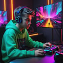 a boy gamer , with his full streaming setup , use neon syberpunk color , heavy strokes , ,make_3d