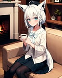 1girl, solo, indoors, living room, couch, table, fireplace, (comfy, cozy), sitting, (holding cup with both hands), fubukicasual, (white shirt, white bow), beret, black skirt, (black pantyhose), white hair, single side braid, ahoge, fox tail, smile<lora:fubuki-10:1>