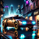 a steampunk sports car in a cyberpunk city at night