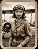 1914 photo of a female biplane pilot, 1900 pilot outfit, in a sepia style , ((old photo style)) , (( made with an  bellows camera)), the borders of the photo a damaged (old photo), high quality photography, 3 point lighting, flash with softbox, 4k, Canon EOS R3, hdr, smooth, sharp focus, high resolution, award winning photo, 80mm, f2.8, bokeh
