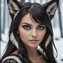 cinematic photo closeup face portrait of a black haired women with wolf ears , deep green eyes,