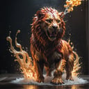 abstract expressionism,  intricately formed dynamic splash of fire and water in the shape of a lion, high quality photography, 3 point lighting, flash with softbox, 4k, Canon EOS R3, hdr, smooth, sharp focus, high resolution, award winning photo, 80mm, f2.8, bokeh