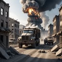 a postapocalyptic heavy truck drive throw a destroyed town after an nuclear blast