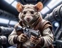 cinematic photo closeup of an star wars rebel rat holding his gun, space ship background, high quality photography, 3 point lighting, flash with softbox, 4k, Canon EOS R3, hdr, smooth, sharp focus, high resolution, award winning photo, 80mm, f2.8, bokeh . 35mm photograph, film, bokeh, professional, 4k, highly detailed
