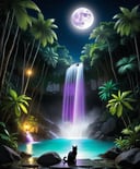 a Beautiful waterfall in the jungle at a full moon night with tousands of Luminescence lights in diffrent colors, the water is Luminescence  to , a adventurer cat is bathing in it