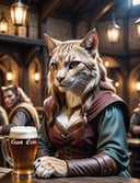 cinematic photo an female khajiit sitting in a medival tavern and trinking beer, high quality photography, 3 point lighting, flash with softbox, 4k, Canon EOS R3, hdr, smooth, sharp focus, high resolution, award winning photo, 80mm, f2.8, bokeh . 35mm photograph, film, bokeh, professional, 4k, highly detailed, high quality photography, 3 point lighting, flash with softbox, 4k, Canon EOS R3, hdr, smooth, sharp focus, high resolution, award winning photo, 80mm, f2.8, bokeh