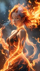 (fire element:1.1),composed of fire elements,(1girl:1.1),<lora:xl-shanbailing-1003fire-000010:0.8>,(burning:1.1),((a girl wrapped in flames soaring flames radiating sparks)),fire,(molten rock:1.1),flame skin,flame print,fiery  clothing,fiery hair,smoke,cloud,cleavage,perfect face,the perfect hand,transparency,