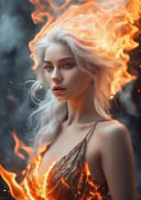 (Masterpiece, high quality, best quality, official art, beauty and aesthetics:1.2),(fire element:1.1),composed of fire elements,(1girl:1.2),<lora:xl-shanbailing-1003fire-000010:0.8>,burning,transparency,fire,(molten rock),flame skin,flame print,fiery hair,smoke,cloud,<lora:xl0917ukl-v12:0.7>,ukl,cleavage,a girl wrapped in flames soaring flames radiating sparks,perfect face,the perfect hand,white hair,
