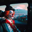 aw0k euphoric style, clown sitting in a car looking to the window to mountain fuji, sad expression,  Canon, Cruel Hat, Tail, Large Sad Eyes, Snowing, Depressing, intricate details, Accent lighting, Kodak portra 400, 50mm, Futuristic, highly detailed<lora:add-detail-xl:1> <lora:vhsart:1>
