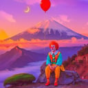 aw0k euphoric style, clown sitting on a mountain fouji, sad expression, <lora:add-detail-xl:1> <lora:vhsart:1>