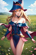 masterpiece, best quality, highres, hmdmg1, wizard hat, blush, cleavage, bare shoulders, dress, off shoulder, <lora:dark_magician_girl_v1:0.7>, cowboy shot, standing, smile, open mouth, field, 
