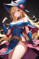 masterpiece, best quality, highres, hmdmg1, wizard hat, blush, blush stickers, cleavage, bare shoulders, dress, off shoulder, <lora:dark_magician_girl_v1:0.7>, cowboy shot