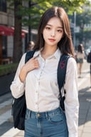 21-year-old college student from Seoul,
dress shirt, tight jeans,
Backpack,
glossy brown straight hair,
natural lighting on your face,
A realistic photographic effect,
University campus background,
upper body shot,
,Realism,arshadArt