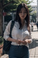 21-year-old college student from Seoul,
dress shirt, tight jeans,
Backpack,
glossy brown straight hair,
natural lighting on your face,
A realistic photographic effect,
University campus background,
upper body shot,
,Realism,arshadArt
